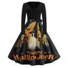Women Casual Vintage V Neck Dress Halloween Printed Long Sleeve Fit Flare Midi Dress with Waist Tie for Seasonal Wear