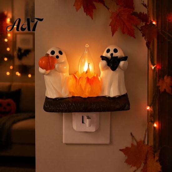 Halloween Home Decor Pumpkin Ghost Night Light with Witch Hat, Resin Soft Glow Corridor Lamp Plug-in LED Bedroom Light, Spooky Wall Sconce for Party