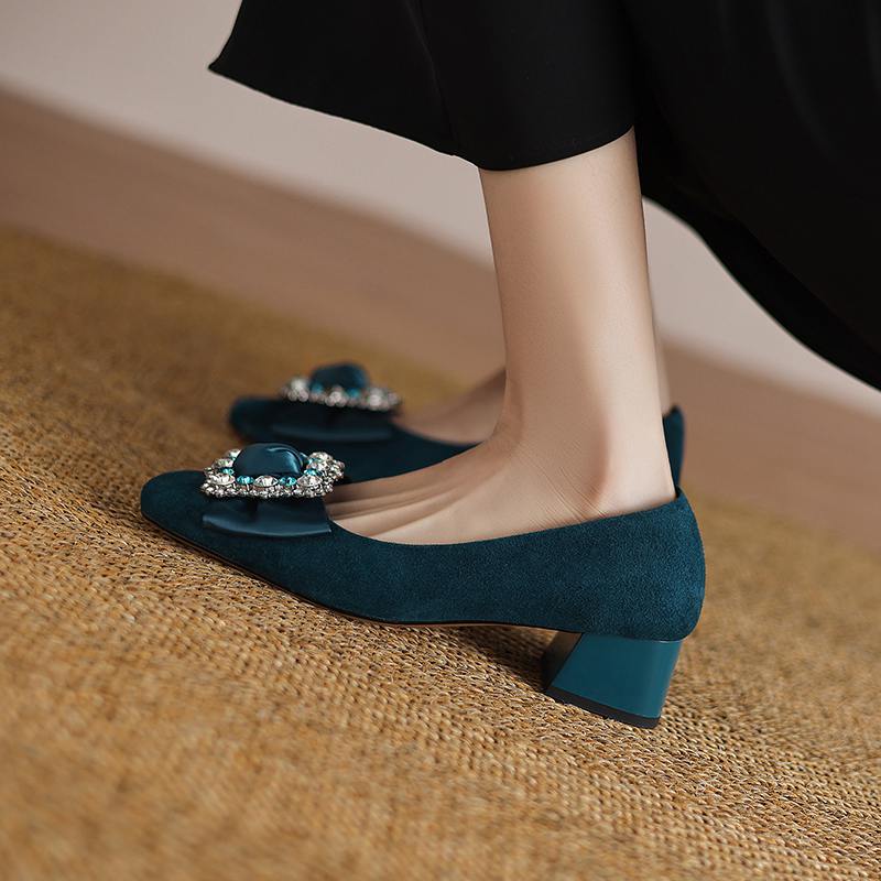 Krazing Pot Suede Spring Summer Size 41 Med Heels Office Lady High Heels Crystal Women Square Toe Shallow Pumps