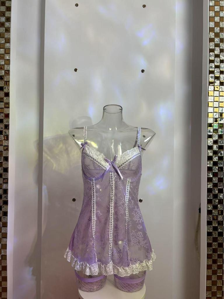 European & American Sexy Lace See-Through Bodysuit Lingerie Set with Fishnet Stockings