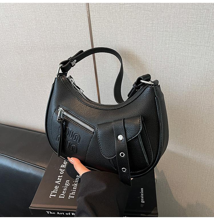 

Korean version niche handbag women s 2025 new retro lychee pattern crescent bag fashion shoulder messenger bag чорний