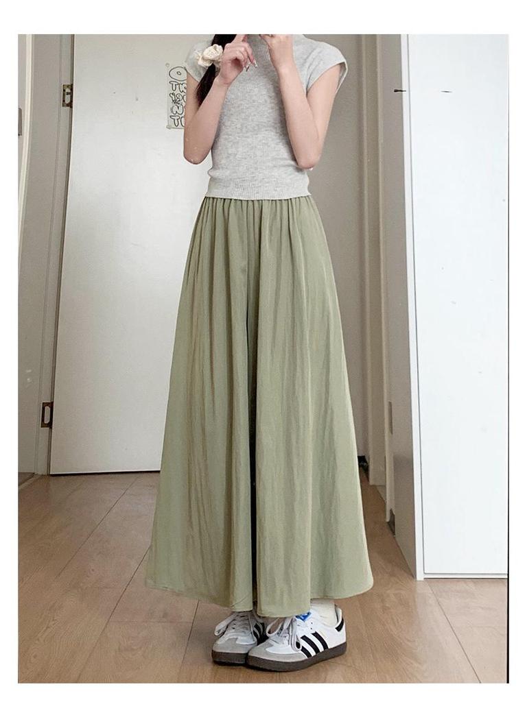 2025 Summer Women's Blue A-Line Pleated Midi Skort with High Waist and Wide-Leg Design