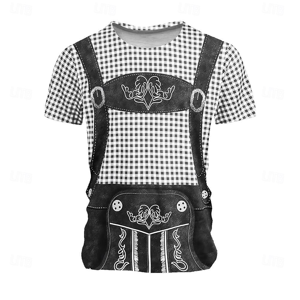 Men's 3D Printed T-shirt, Round Neck Short Sleeved Shirt, Carnival Party, Beer Festival, Checkered Clothing for Summer and Spring