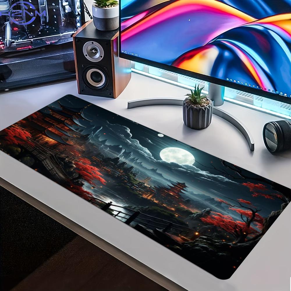 Dark Oriental Moon Pagoda Red Maple Large Extended Gaming Mouse Pad Nonslip Rubber Base For Pc Gamers Laptop Office Use