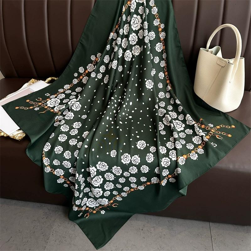 

90X90Cm Retro Floral Print Handkerchief Scarf For Women Small Shawl Square Headband Bandana Head Scarves 90X90CM