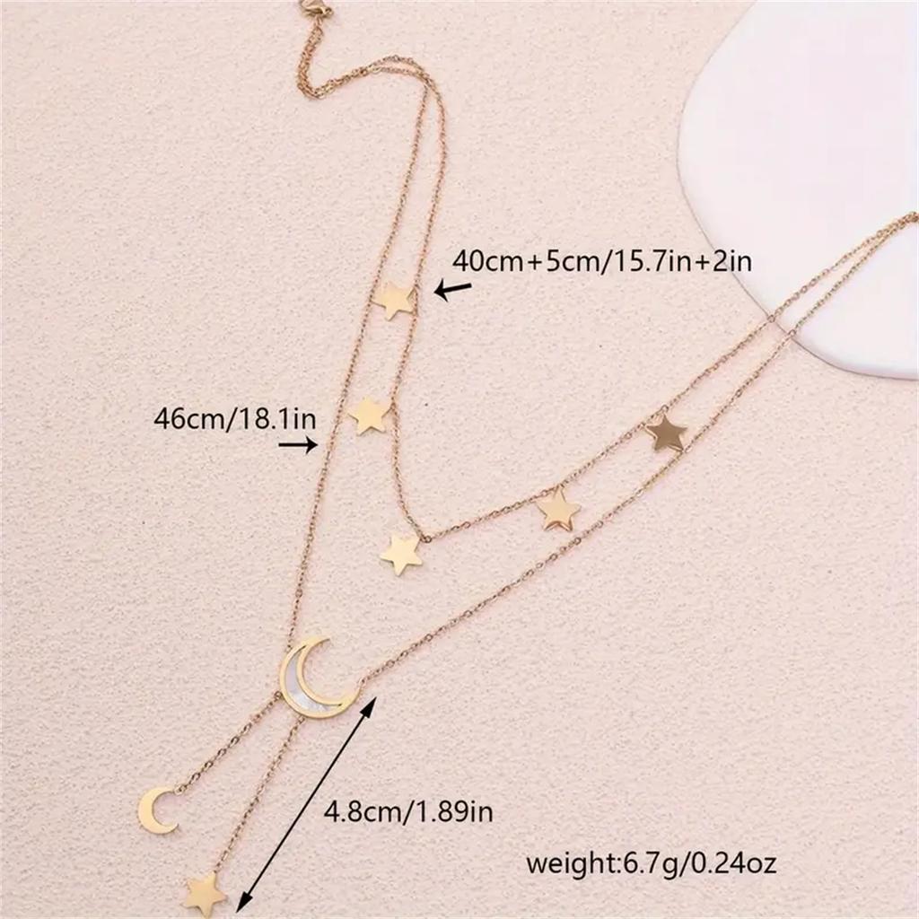 Doppellagige Halskette mit Stern- und Halbmond-Quastenanhänger für Damen, Vintage-Accessoire im Bohème-Stil, Legierung, vielseitig einsetzbar für den Alltag und Partys