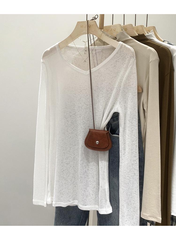 Szykowany kardigan z dekoltem w serek, z prześwitującego materiału chroniącego przed słońcem - Słodka i pikantna koszulka z długim rękawem dla kobiet, na wiosnę i jesień