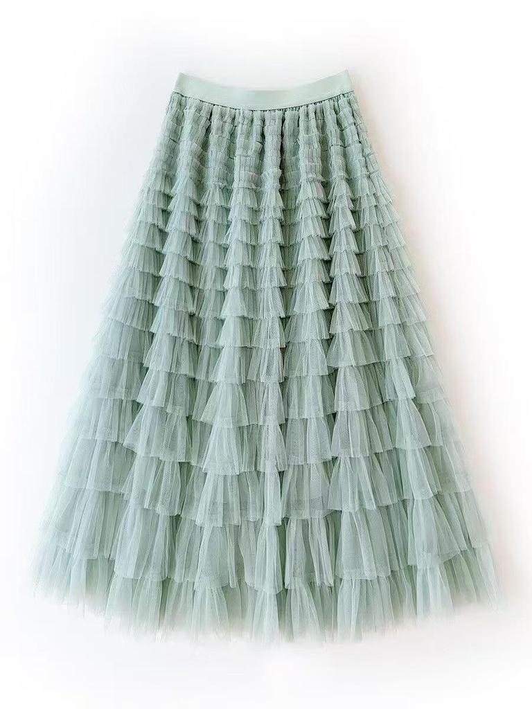 Women's Layered Mesh Gauze Pleated High Waist Long Skirt - Spring & Autumn Style