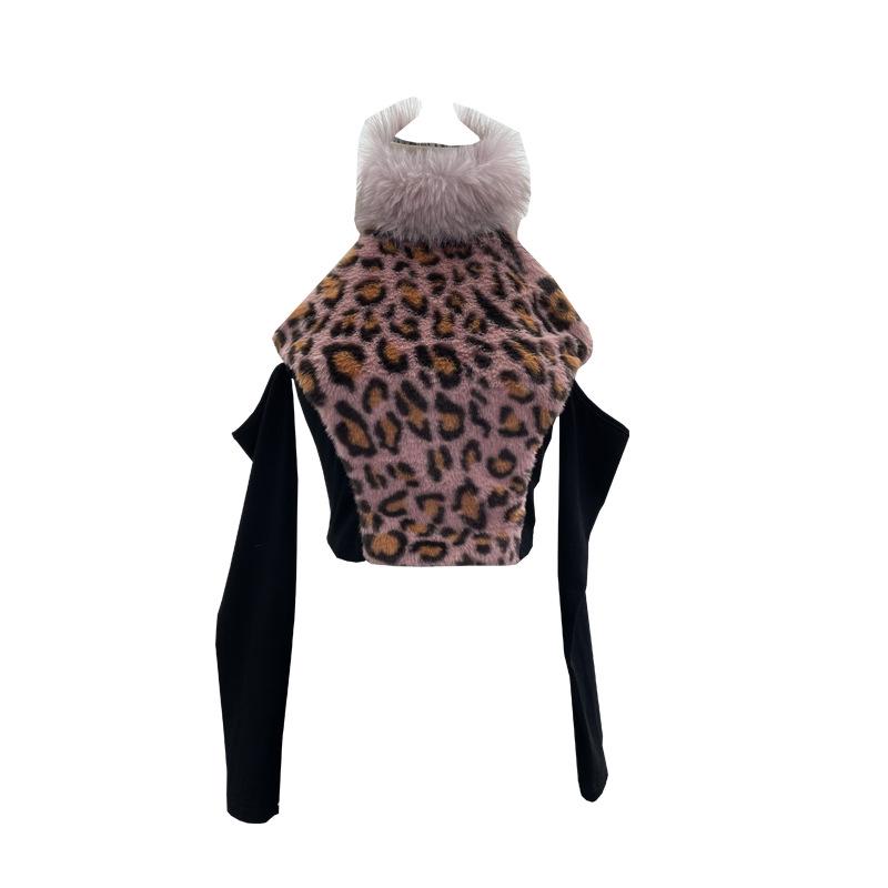 Leopard Print Fluffy Off-Shoulder Long Sleeve Halter Neck Women's Retro Short Top
