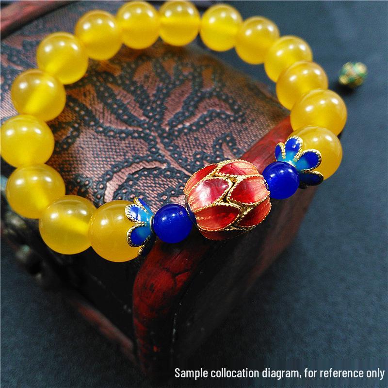 Cloisonné Agate & Amber Beeswax Bracelet with Jadeite & Pure Copper Enamel Beads