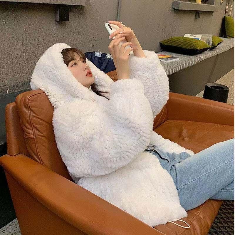 Imitation fur autumn and winter new coat women's imitation rose rabbit hair hooded woven thickened loose women's clothing outer wear