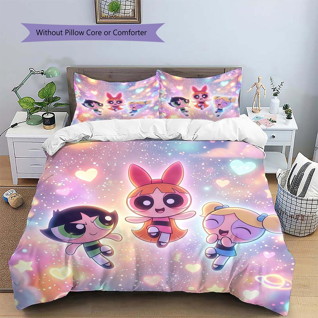 Σετ Κουβέρτας Κρεβατοκάμαρας με Σχέδιο Powerpuff Girls Διακόσμηση Σπιτιού Δώρο (1 * παπλωματοθήκη + 2 * μαξιλαροθήκη χωρίς πυρήνα)