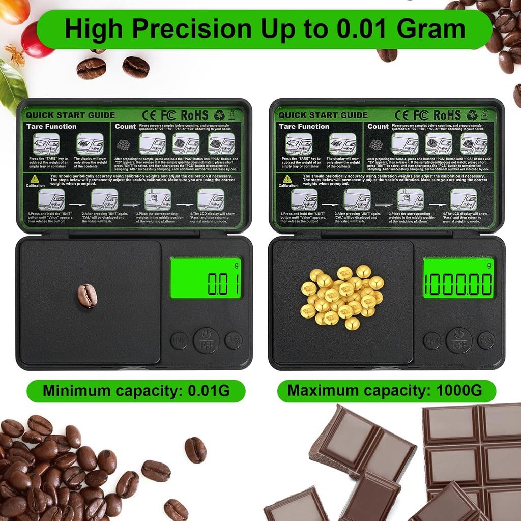 0.01/1000g Digital Pocket Scales, Portable Precision Gram Scales with 7 Units and Tare Function, Electronic Weighing Kitchen Scales with LCD Display