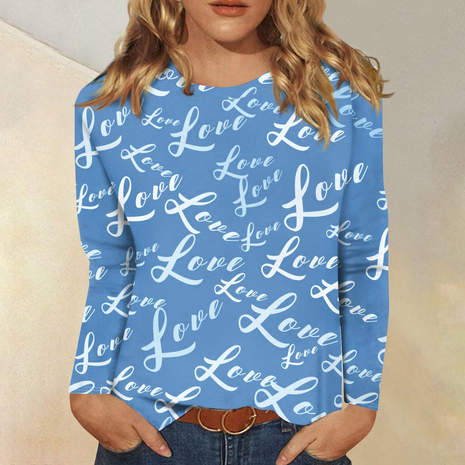 

Рубашки с длинным рукавом для женщин Милые принты Футболки Блузки Повседневные Большие размеры Базовые топы Пуловеры День святого Валентина XXXXL синий