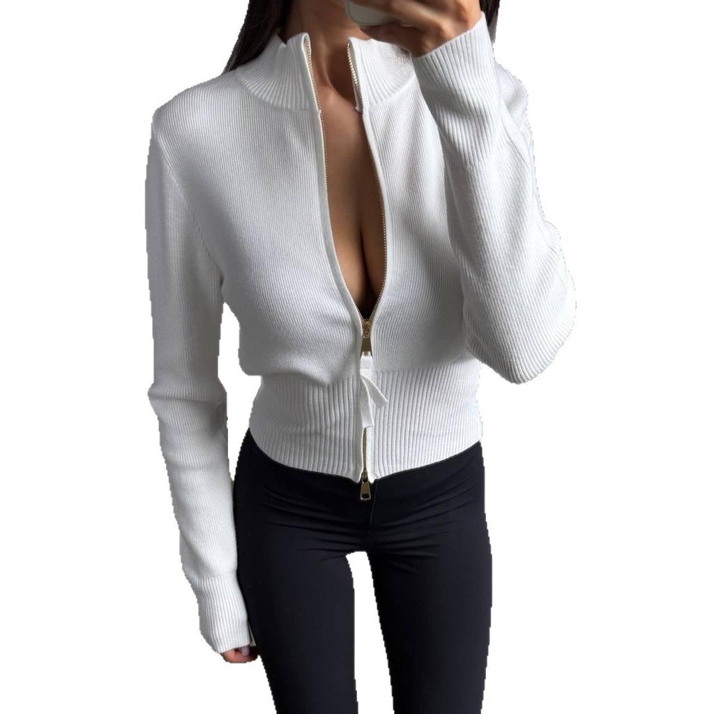 Premium soft waxy semi-turtleneck multi-color zipper sweater women's new 2026 gentle solid color slim-fit knitted top