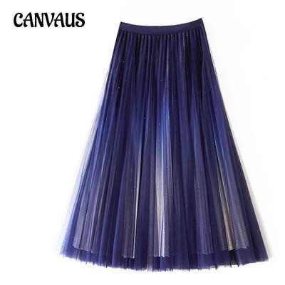 Geplooide rok met sterverloop in kleur Damesrok Lente, herfst en winter Temperament Lange sectie Grote schommel Mesh A-lijn rok