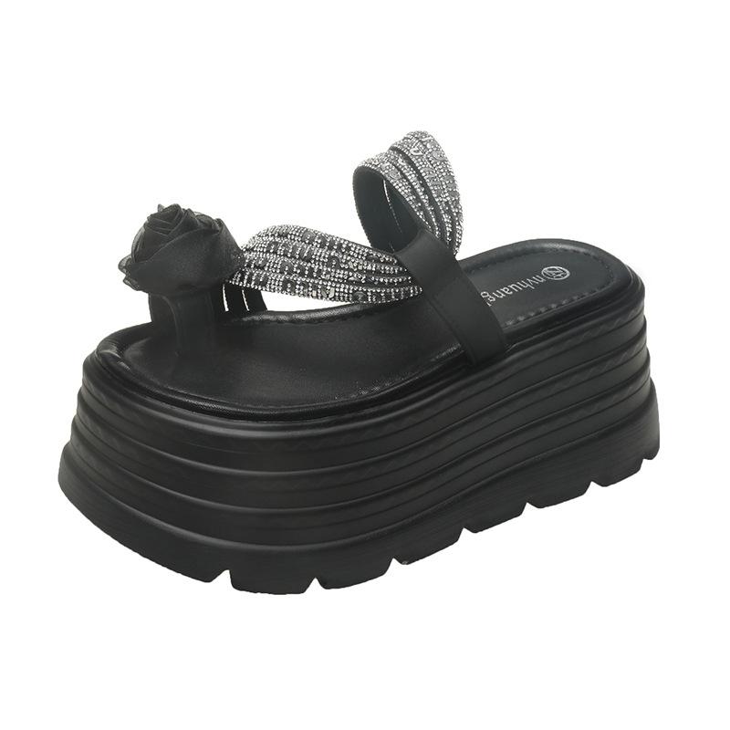 

Rhinestone sandals women s 2025 new summer outer wear one-word with waterproof table thick-soled thick-heeled high heels 34 чорний