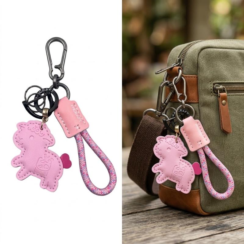 Cute Pu Leather Sheep Keychain With Braided Wrist Strap Metal Clasp For Backpack Decor Key Storage
