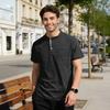 Herren T-Shirt mit Viertelknopf Einfarbig Kurzarm Stehkragen Sommer-T-Shirt Lockere Passform T-Shirt mit Brusttasche für Straße Urlaub Strand