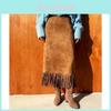Elegant Suede Tassel Midi Skirt With Stretch Fabric For Casual Office Wear