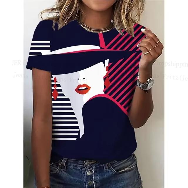 Summer Round Neck 3D Lady Face Graphic Print Top Fashionable Casual Short Sleeved Women's T-shirts