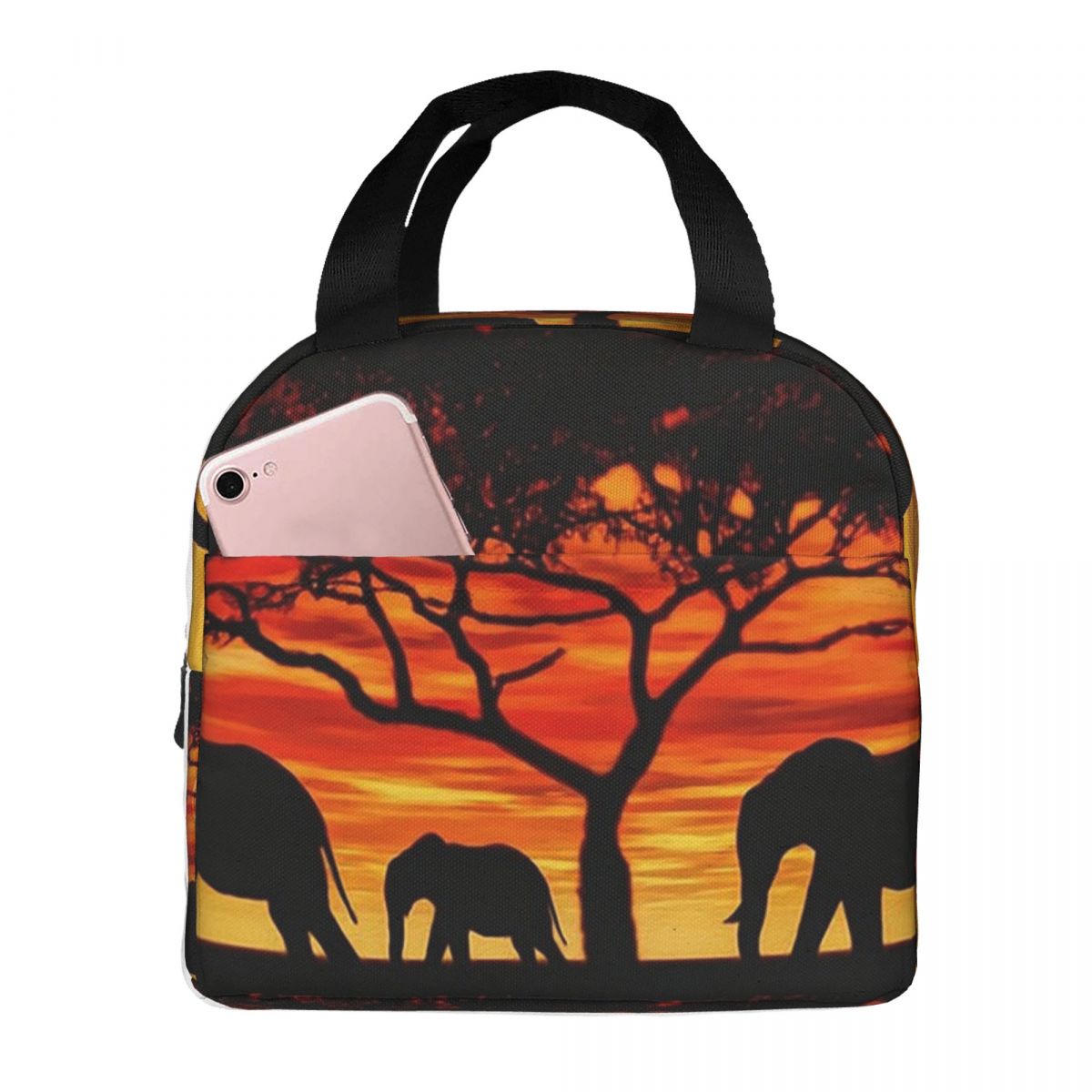 Dusk Elephant Herd African Savannah Elephant Insulated Lunch Bag for Women Kids Leakproof Food Boxes Thermal Lunch Box Tote One Size