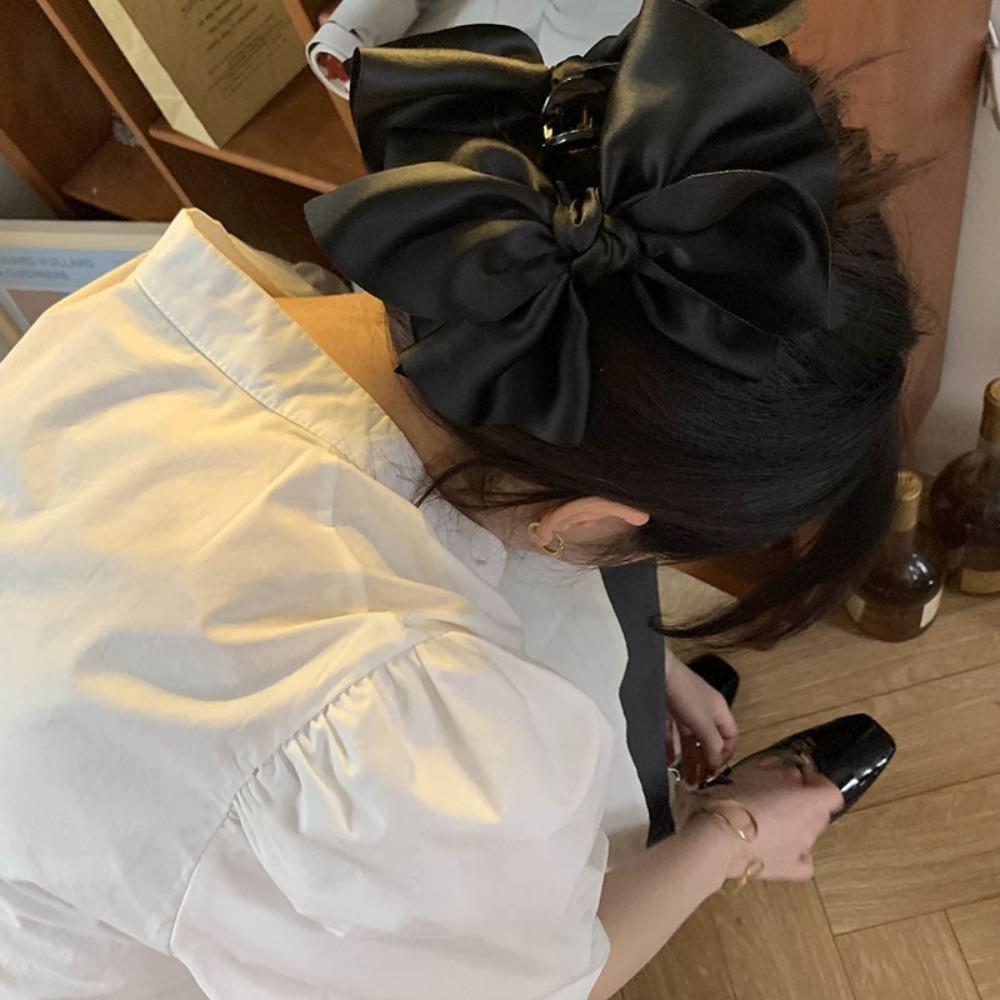 Satin Large Bow Clip Black Exaggerated Styling Hair Clip Internet Famous Same Style Small Face Daily Styling Hair Tie Accessory