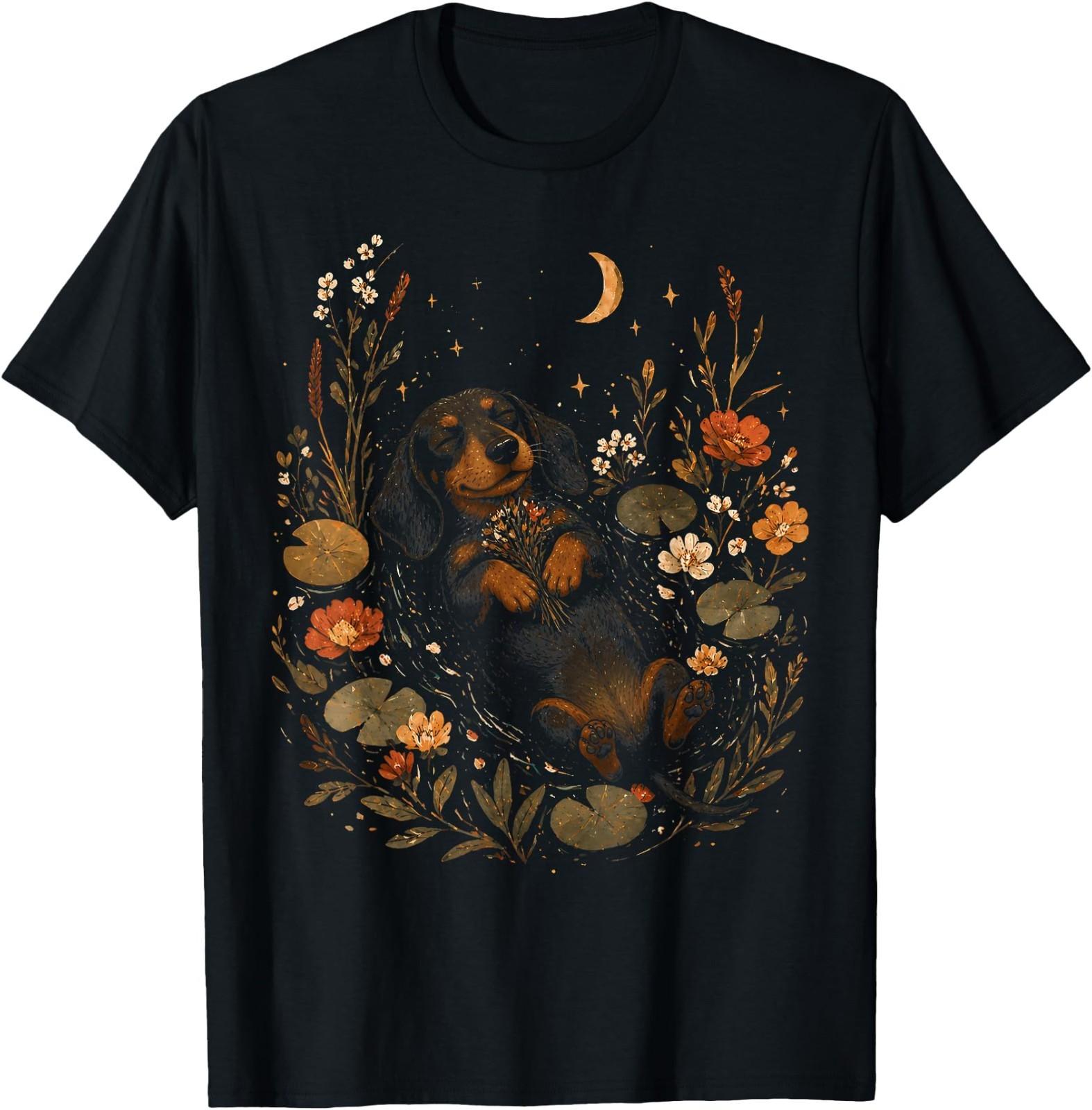 Dachshund Cute Aesthetic Goblincore Wildflower Art Floral T-Shirt L