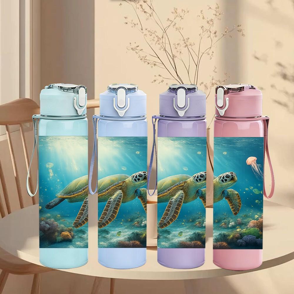 1PC Sea Turtle Underwater Ocean Print 750ml Color Plastic Sports Water Bottle Leakproof Flip Straw Lid Suitable for Sports Office Home Use