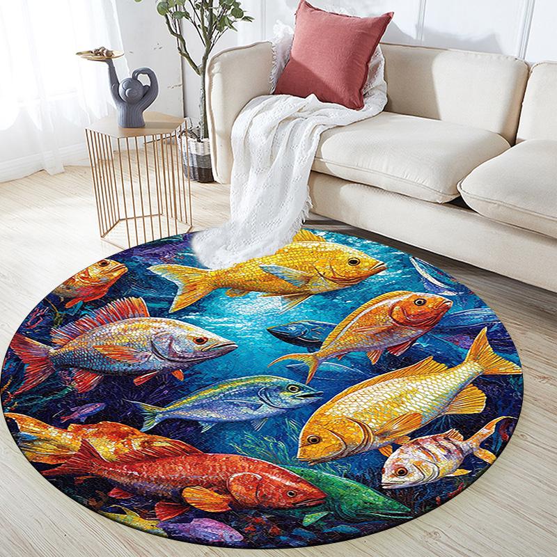 Ocean Fishes Round Area Rug,Carpet Rug for Living Room Bedroom Sofa Playroom Decor,Non-slip Floor Mat