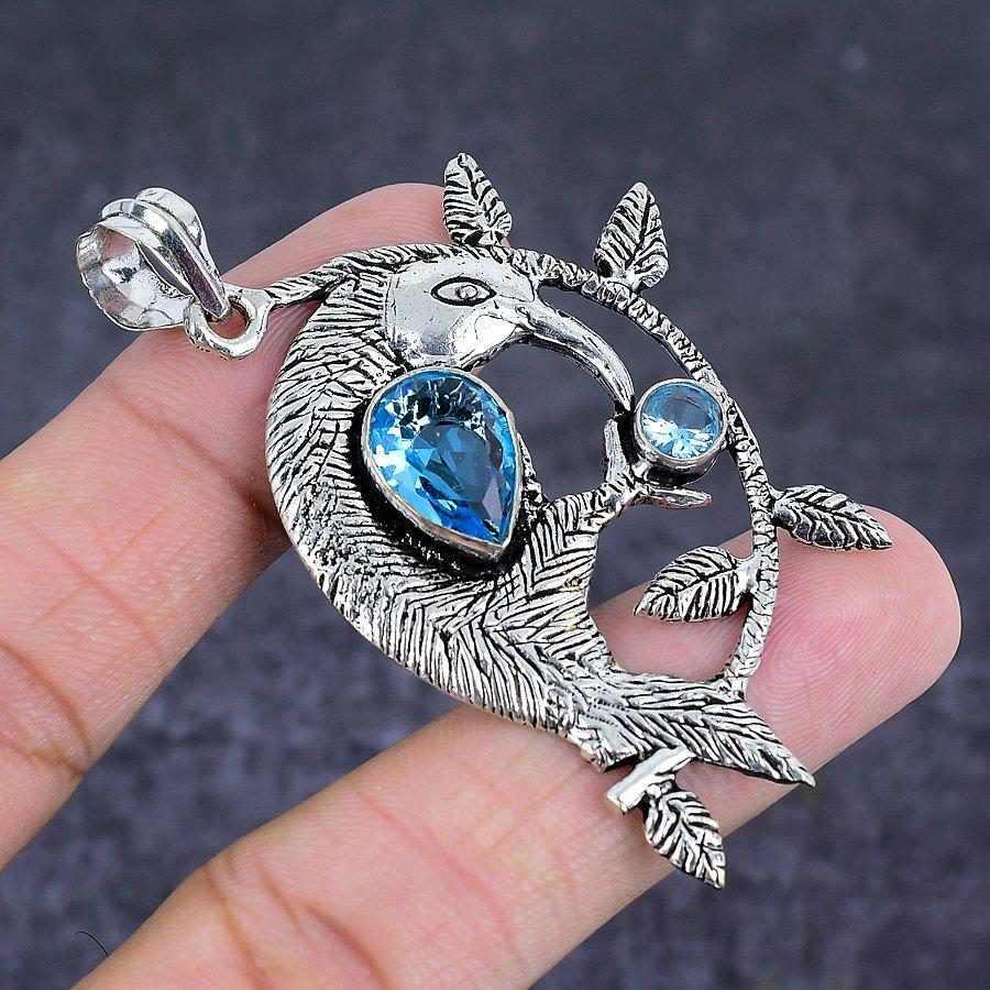Natural Blue Topaz Gemstone 925 Sterling Silver Jewelry Pendant 2.56" N1q00