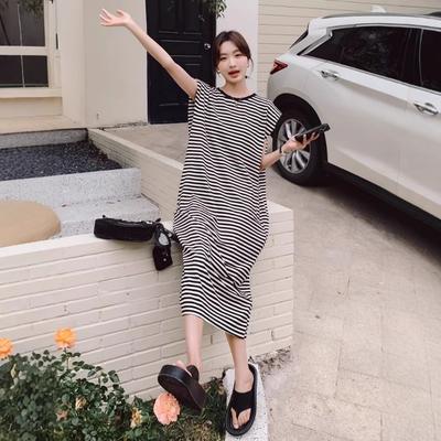 Women's Lazy Round Neck Sleeveless Striped Dress Summer Casual Loose Look Slim Slit Vest Dress