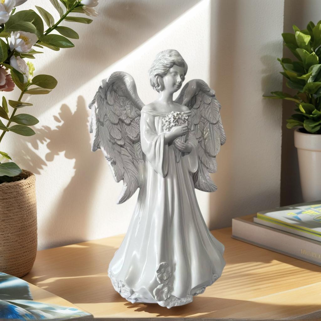 A Nordic-Style Pure White Guardian Angel Statue with a Bouquet Design, a Healing Ornament for Home Decoration, the First Choice for Gift-Giving and Cr