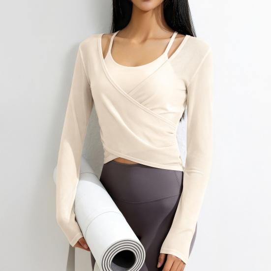 Long Sleeve Yoga Two-Piece Set for Women Mesh Gym Athletic Tops Workout Shirts with Support Sports Bra