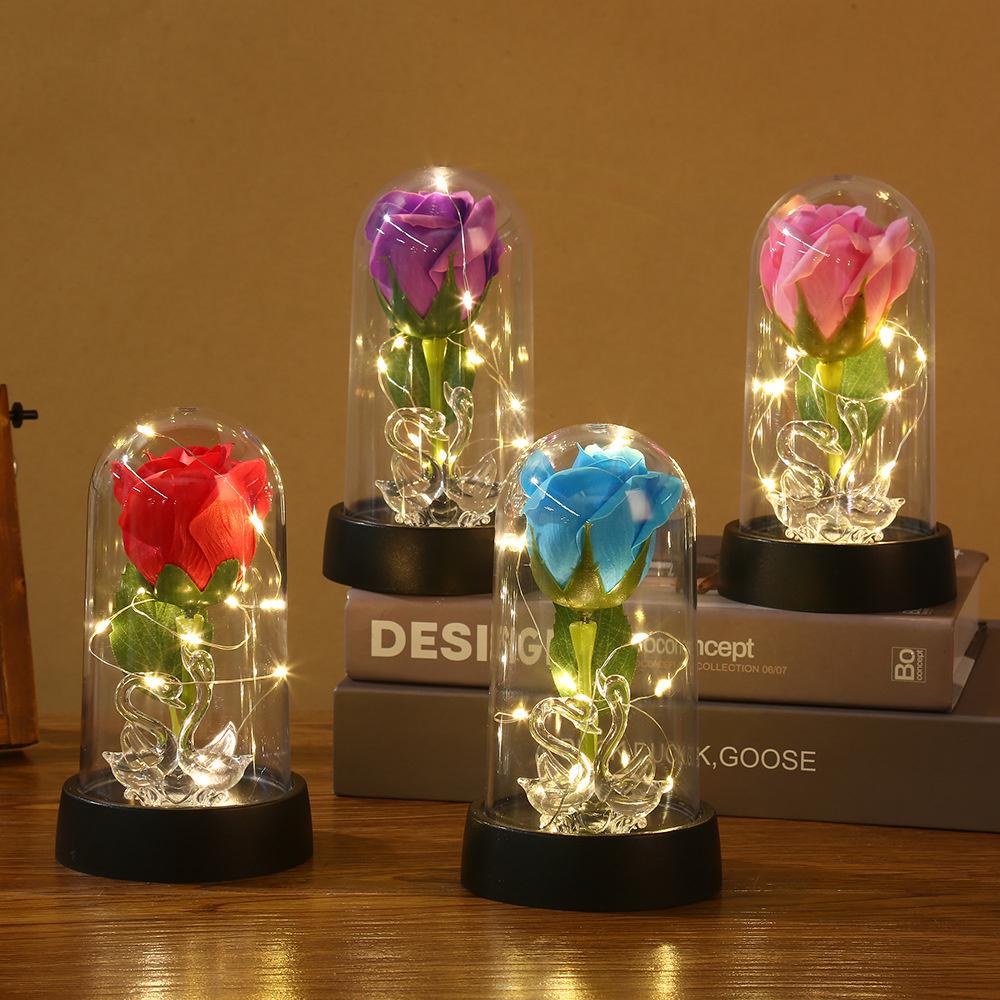 Verzauberte Schön und das Biest Rose Blume mit Schwarzem Sockel LED-Licht in Glasglocke Valentinstag Weihnachten Geschenk Hochzeit Heimdeko