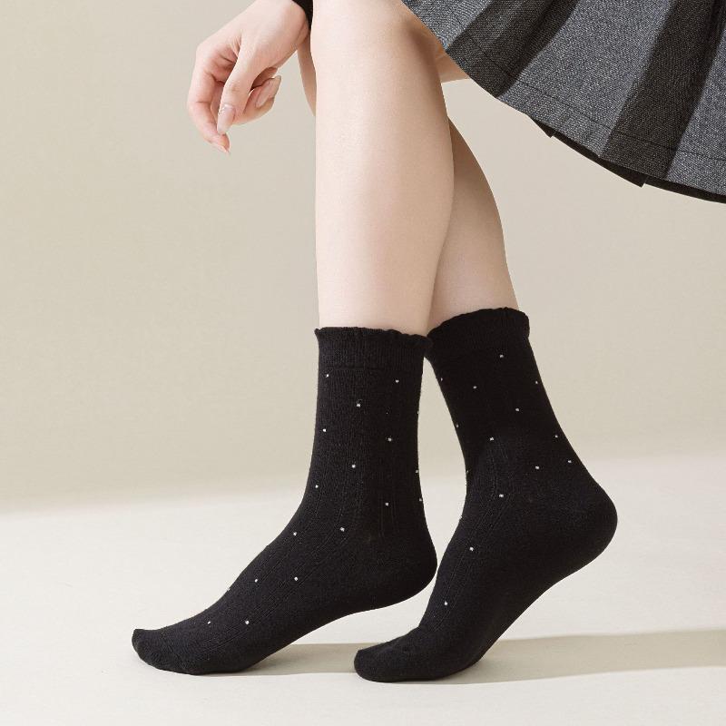 Polka Dot Socks for Women's Autumn and Winter Mid-calf Socks, Fresh Black Fungus Edge Pile Socks, Lace Versatile Socks