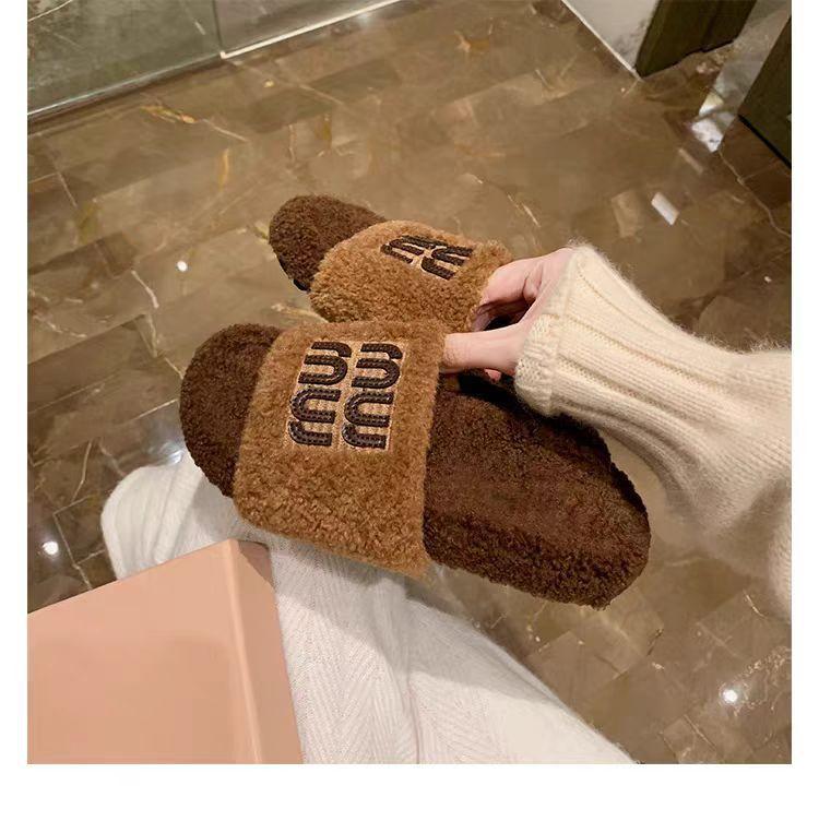 Wool Version~ Fashionable Outer Wear Miu Wind Flat Bottom Outer Wear One Word with Plush Fluffy Slippers Autumn and Winter Fluffy Shoes