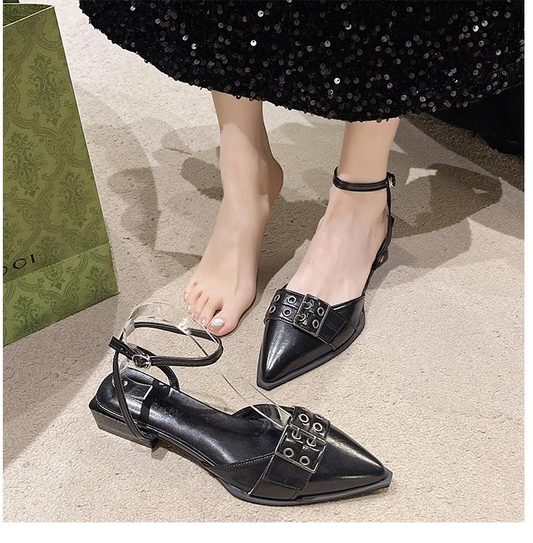

Новая модная обувь с острым носком, женские туфли на среднем каблуке с ремешком на щиколотке, новые модные женские туфли на низком каблуке с пряжкой, сандалии 35 чёрный