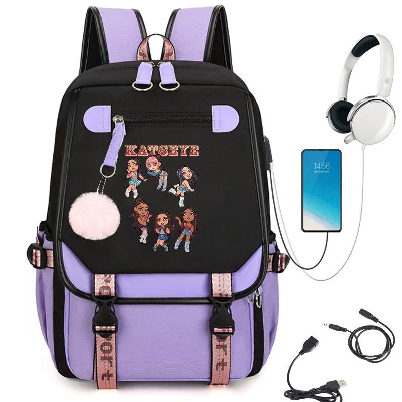 KATSEYE Girlgroup Cartoon Rucksack USB-Ladeanschluss Schultasche 60123-1 Leicht Freizeit