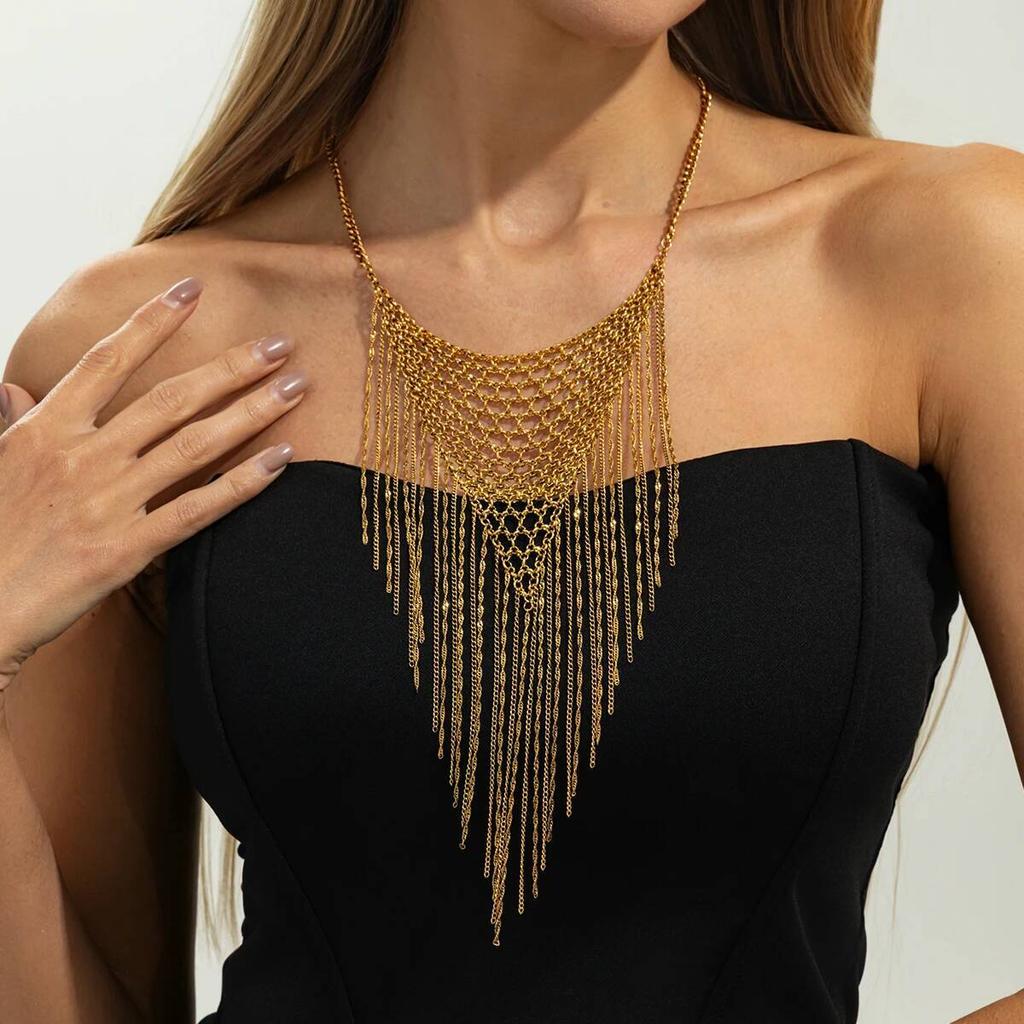 Salircon Exaggerated Trendy Design Woven Mesh Chain Clavicle Chain Multilayer Long Tassel Women Necklace Geometric Chain Jewelry