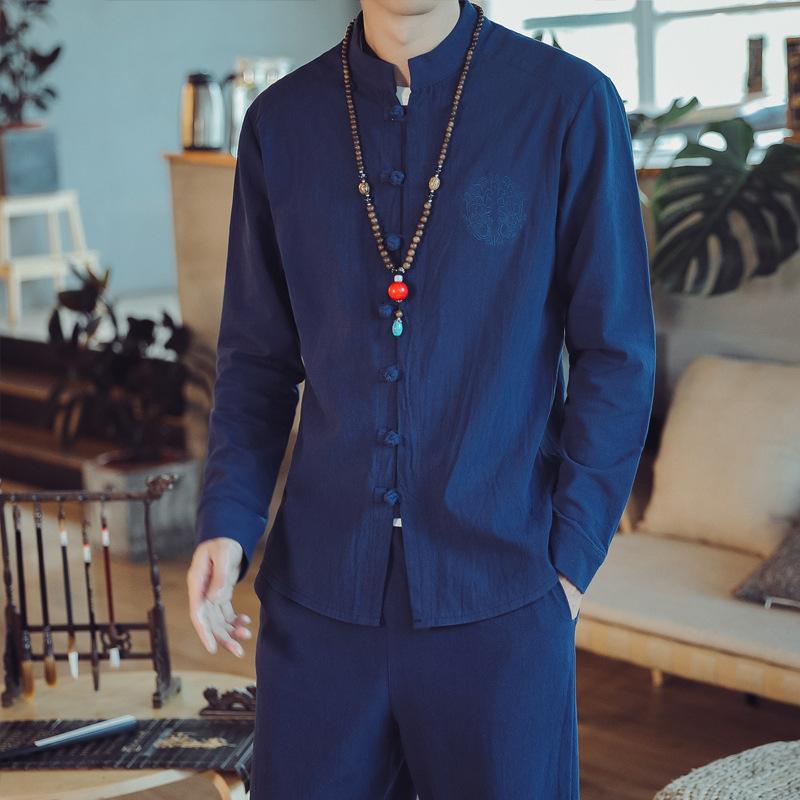 Frühling und Herbst Chinesischer Stil Baumwolle und Leinen Bestickt Knopf Chinesischer Stil Tang-Anzug Langarmhemd Herren Strickjacke