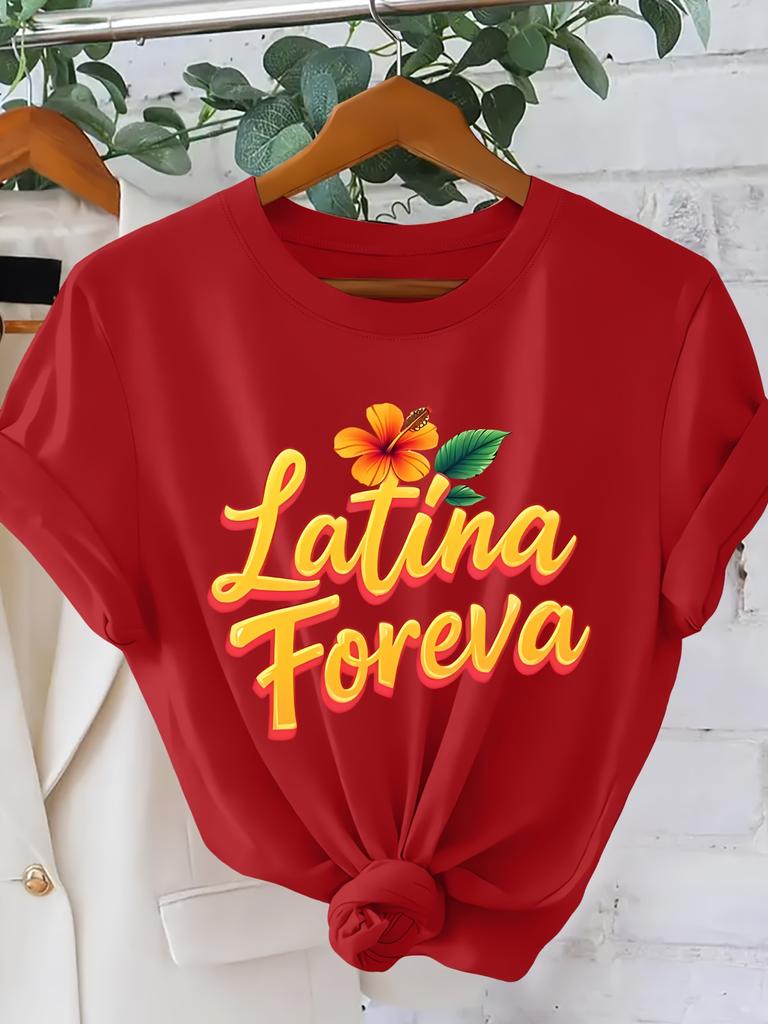 Latina Foreva Text Printed Womens Tshirt American Retro Outdoor Style Round Neck Short Sleeved Casual Top