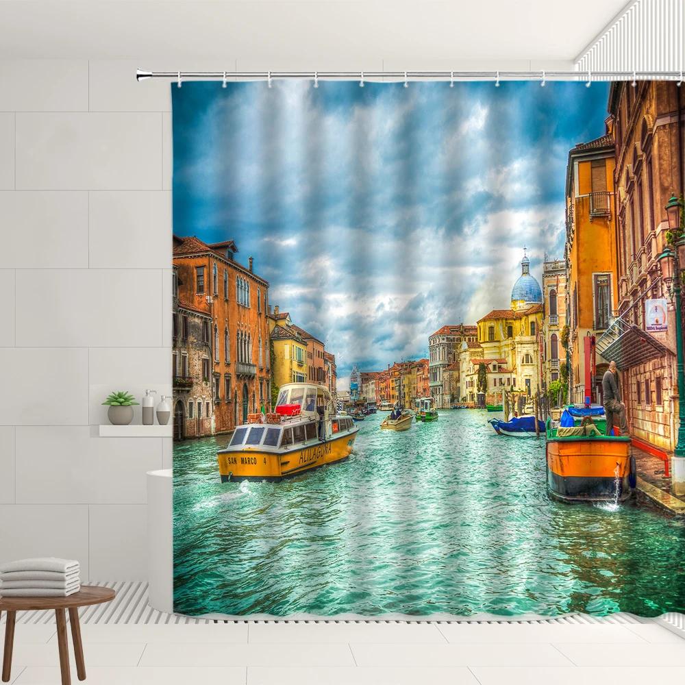 Italy Canal Scenery Shower Curtain Set Port City Romantic Venice Street Boat Retro Buildings Home Bathroom Bathtub Decor Screens