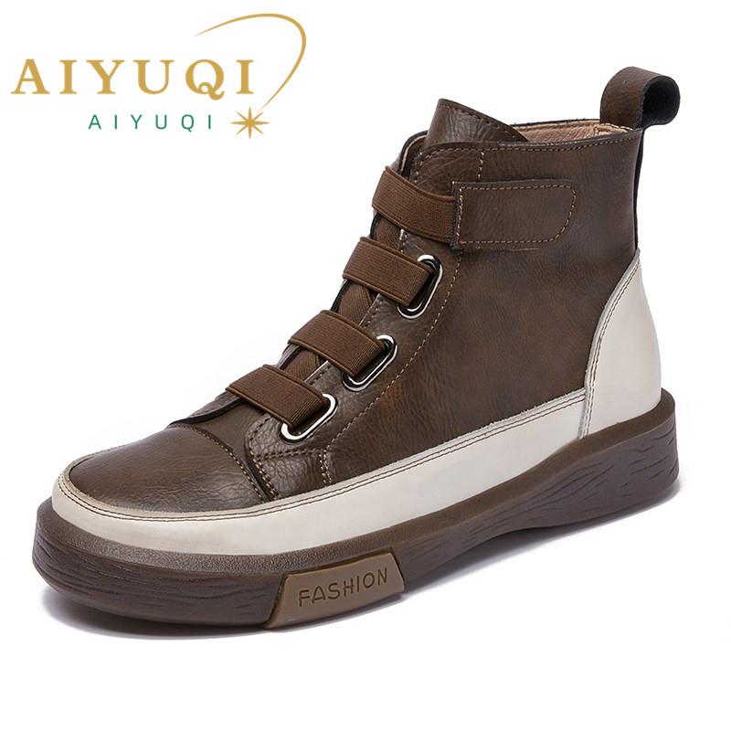 Mode AIYUQI Damen Winterschuhe Flach Echtleder 2025 Antik Farbpassend Schnürung vorne Damenstiefel Trend Mädchen Studentenschuhe