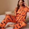 Damen-Pyjama-Set mit offenem Vorderteil und Halloween-Print, mit kurzärmeligem Oberteil und langer Hose – Damen-Loungewear