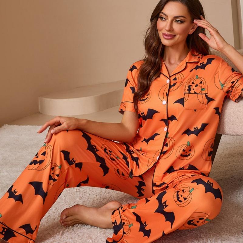 Damen-Pyjama-Set mit offenem Vorderteil und Halloween-Print, mit kurzärmeligem Oberteil und langer Hose – Damen-Loungewear