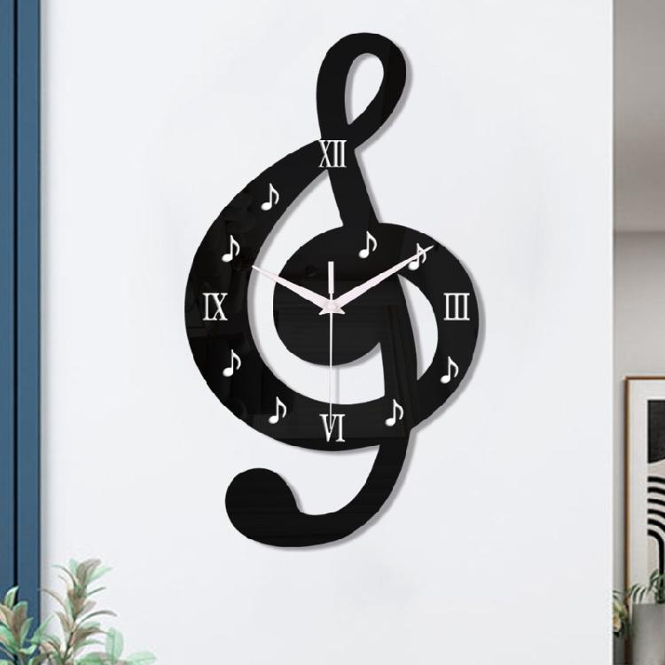 Analoge Wanduhr aus Acryl, schwarz, mit 3D-Musiknoten-Design, leises Uhrwerk, Hängeuhr-Dekorationen, einfache Hakenmontage