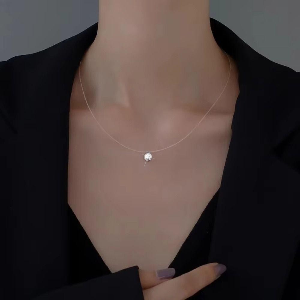 S925 Silver Fishing Line Chain 6mm 8mm Solitaire Fishline Choker Zircon Pendant Necklace  Party