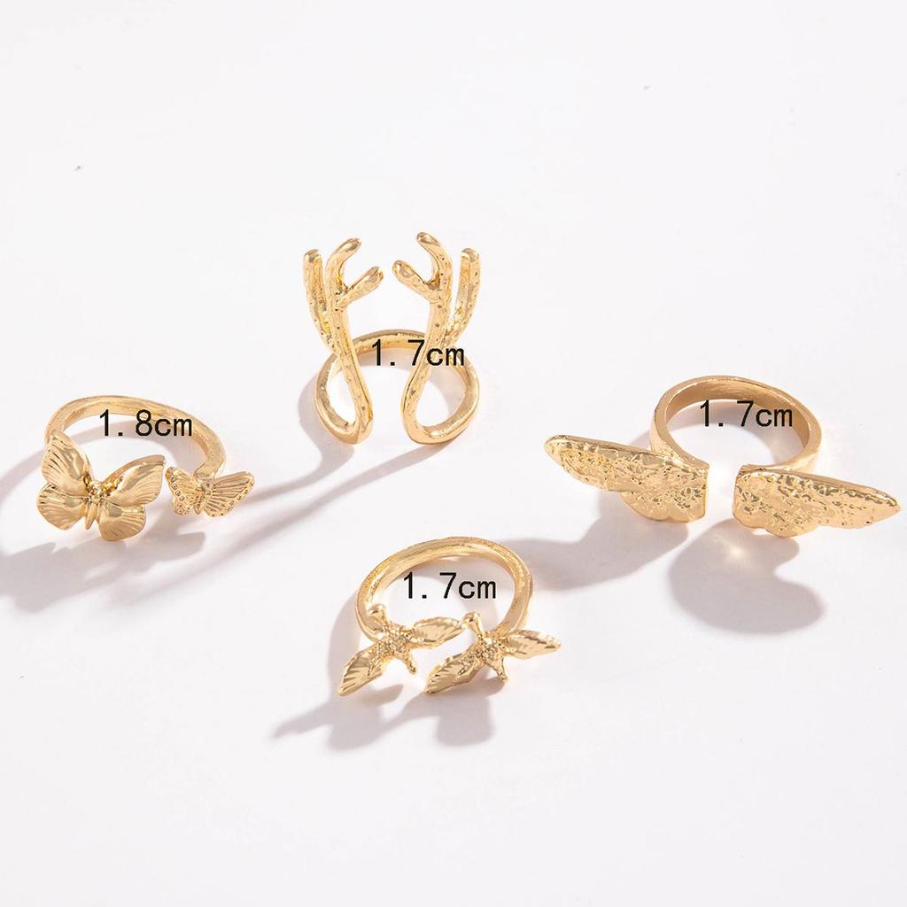 Personalisiertes Design Goldener Schmetterling Geweih Ring Mode Vielseitig Vogelflügel Offener Ring Vierteiliges Set Damenschmuck