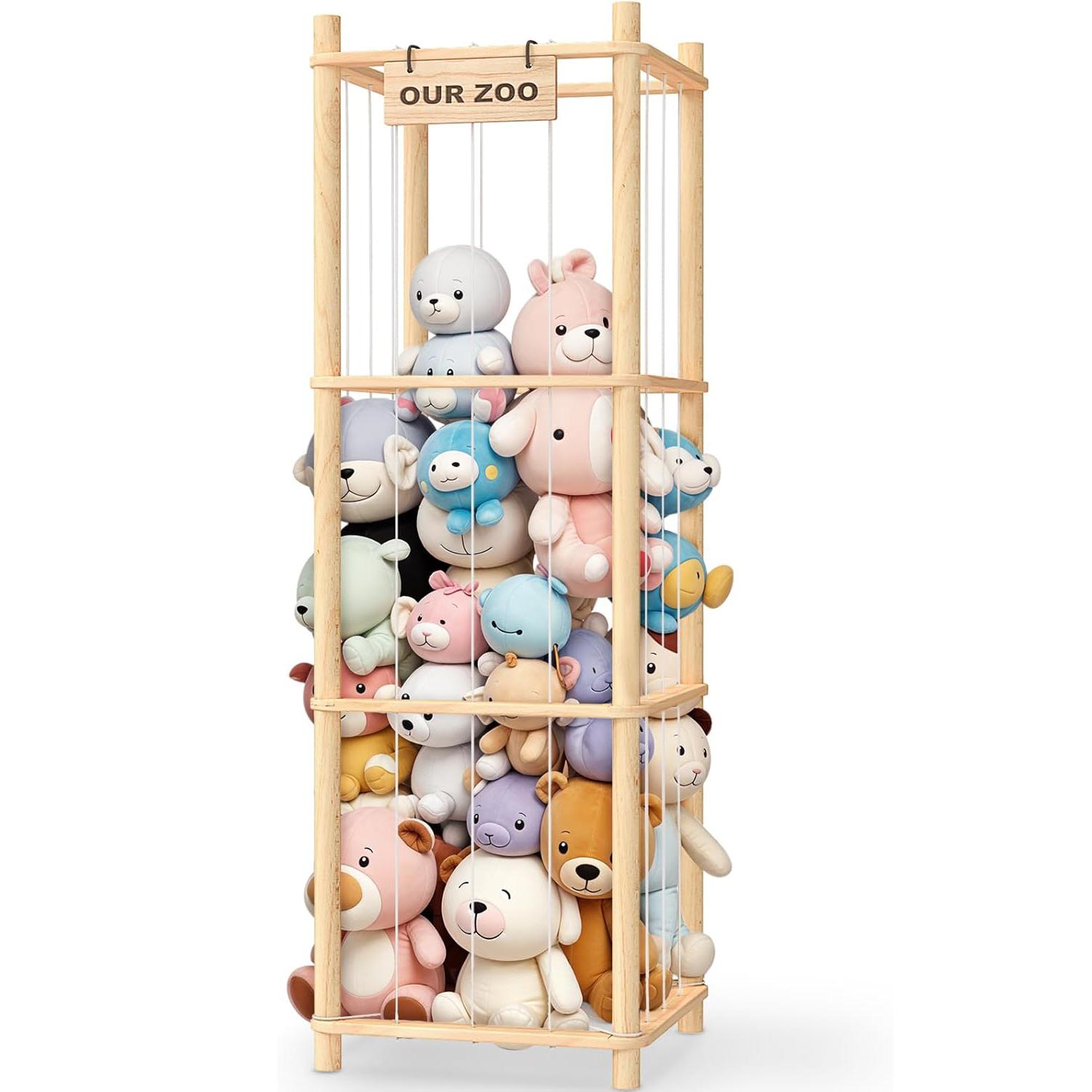 Stuffed Animal Storage Zoo with Wheels, Wooden Large Stuff Animals Plushies Holder, Toy Organizer Storage Cage for Nursery Playroom Bedroom 3 Tier No Wheels